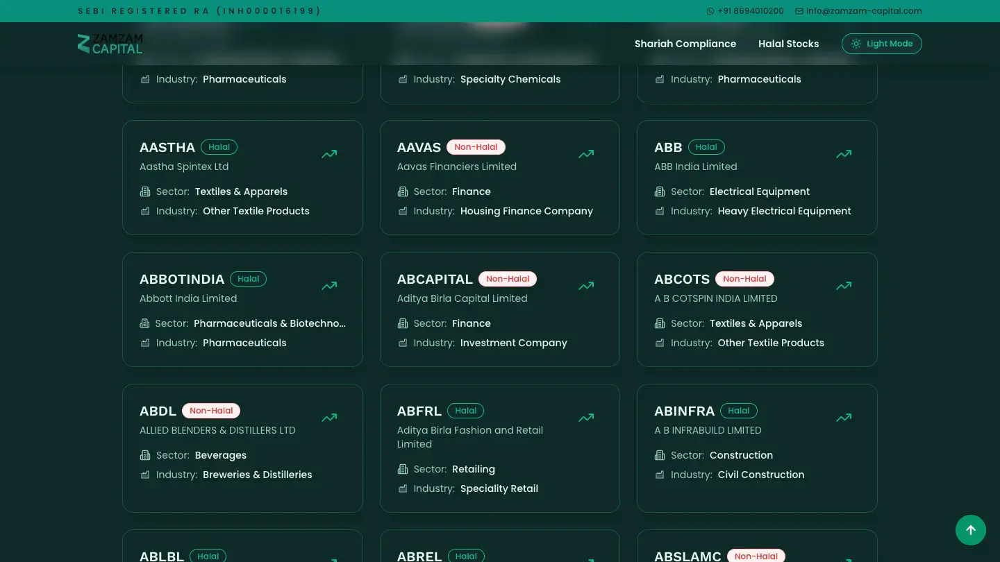 Stock results with compliance badges, dark theme