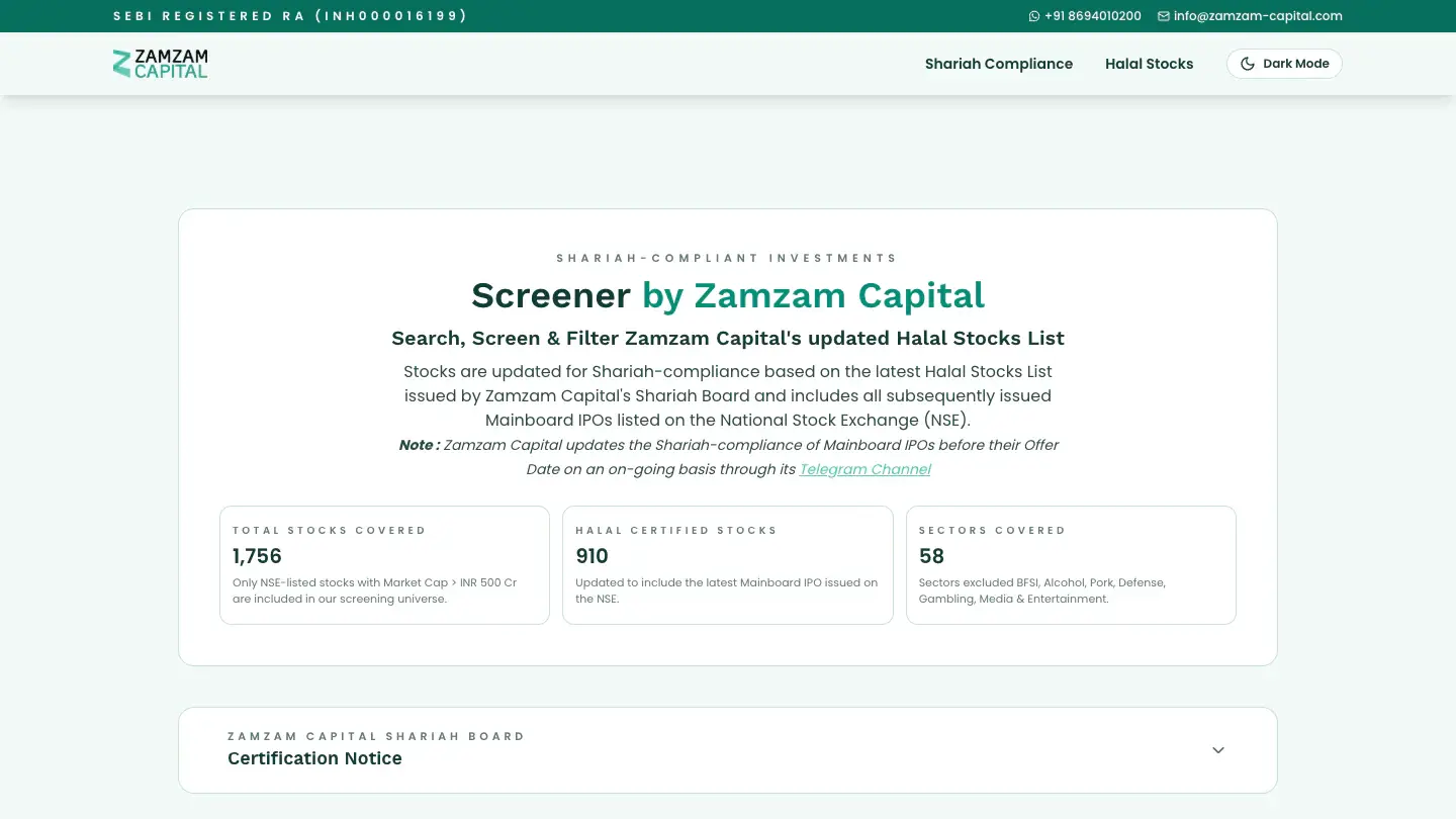 Screener by Zamzam Capital: search, screen and filter halal stocks